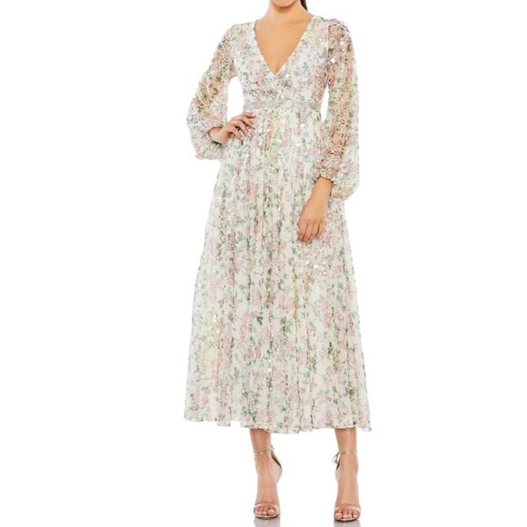 Mac Duggal White Embellished Floral Print Faux Wrap A Line Dress Women’s Sz 8 - Picture 1 of 10